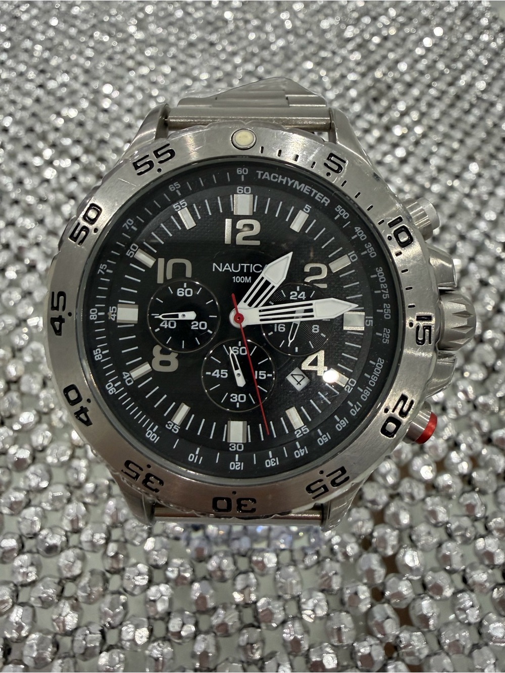 Nautica Silver Stainless Steel Chronograph Watch with Black Dial